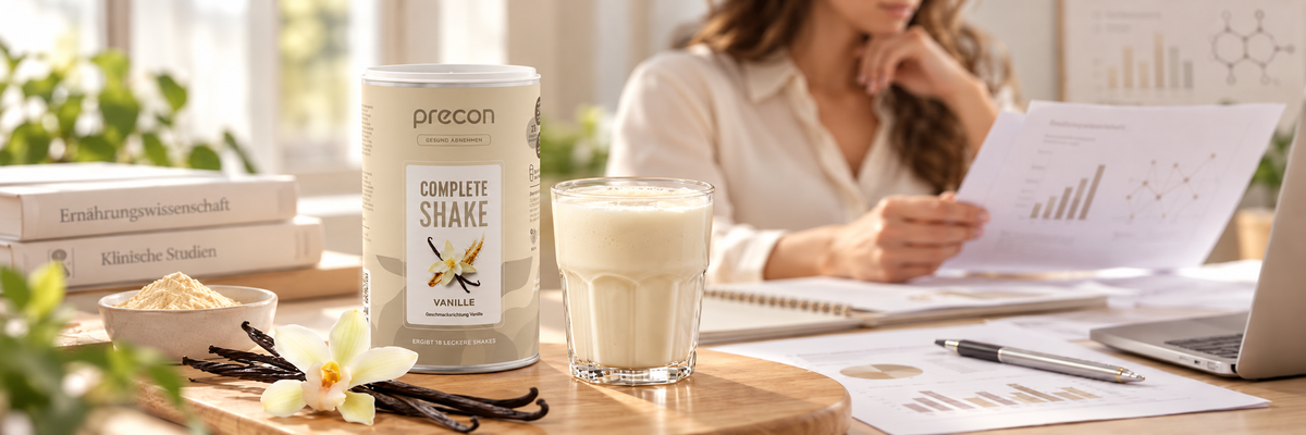 Precon Complete Shake Vanille mit Glas vor Fachbüchern, im Hintergrund Frau mit Studienunterlagen