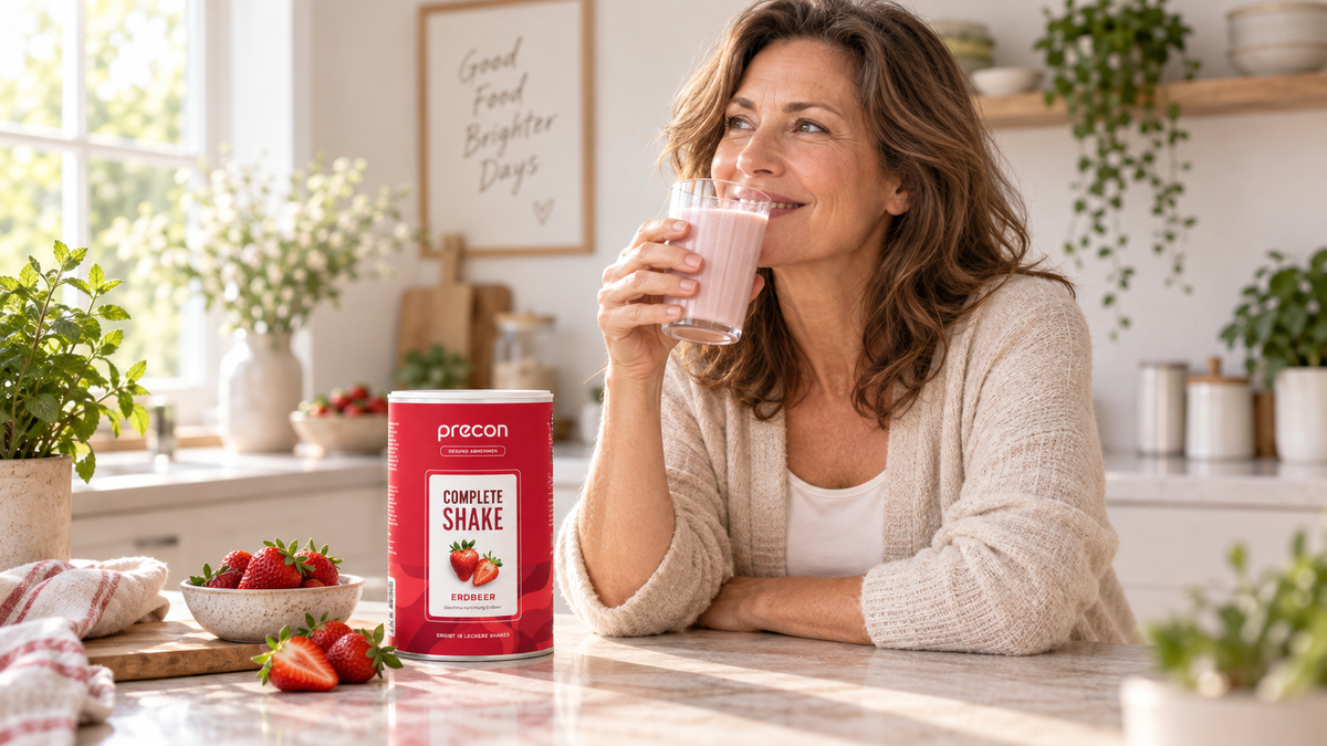 Frau trinkt in der Küche einen Precon Complete Shake Erdbeere, daneben Dose und frische Erdbeeren