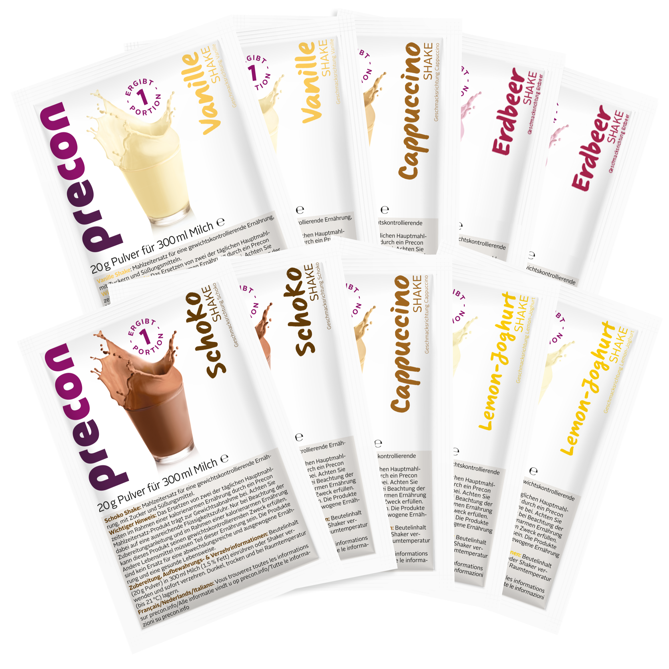 Neun Tütchen Precon Shake Mix - Einzelportionen in verschiedenen Geschmacksrichtungen sind fächerförmig auf hellem Hintergrund angeordnet.