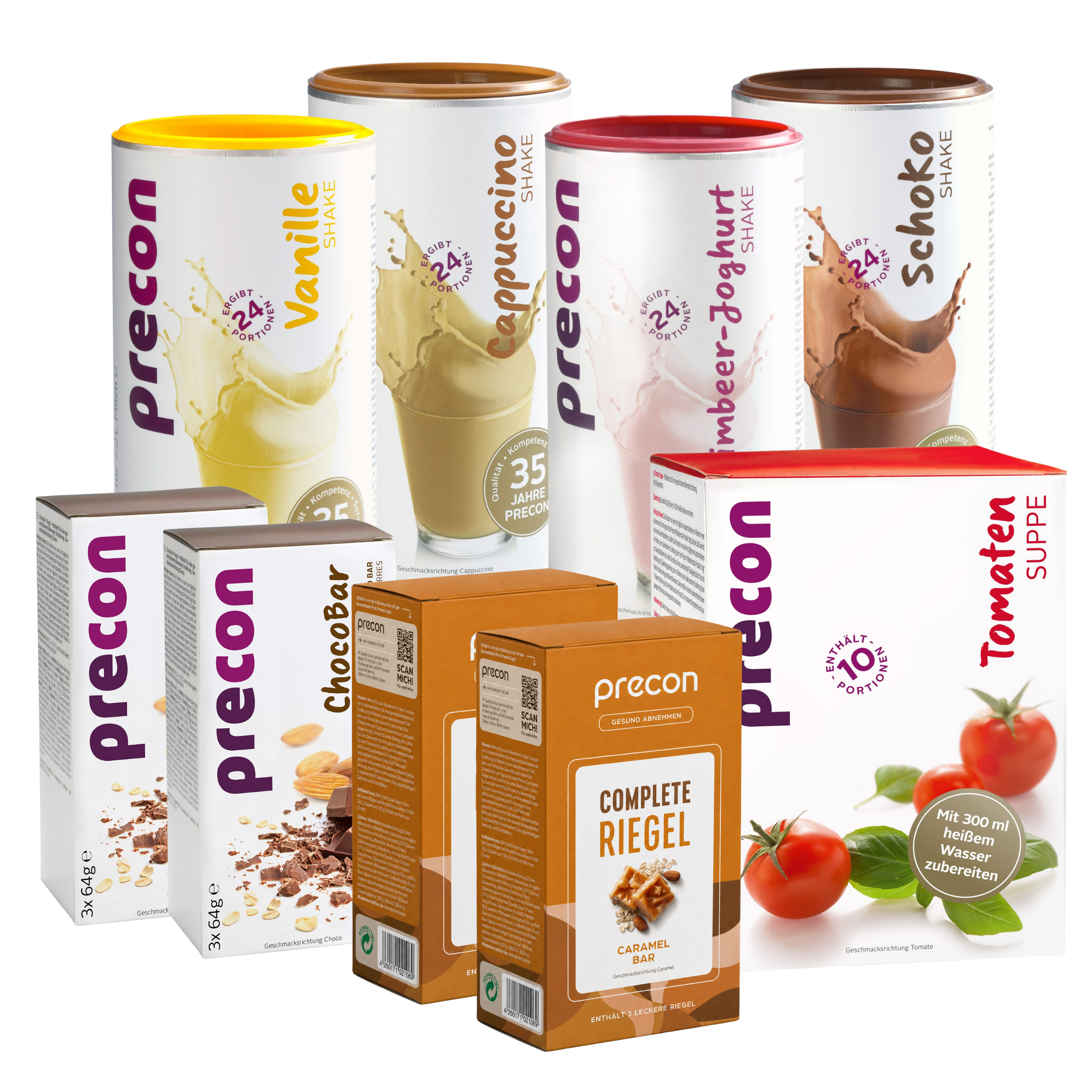 Das Precon 2-Monats-Vorrats-Paket enthält eine Vielzahl von Produkten zur Gewichtsreduktion, darunter Shakes in den Geschmacksrichtungen Vanille, Cappuccino, Himbeer-Joghurt und Schokolade sowie Tomatensuppe, ChocoBar-Riegel und Complete-Riegel.
