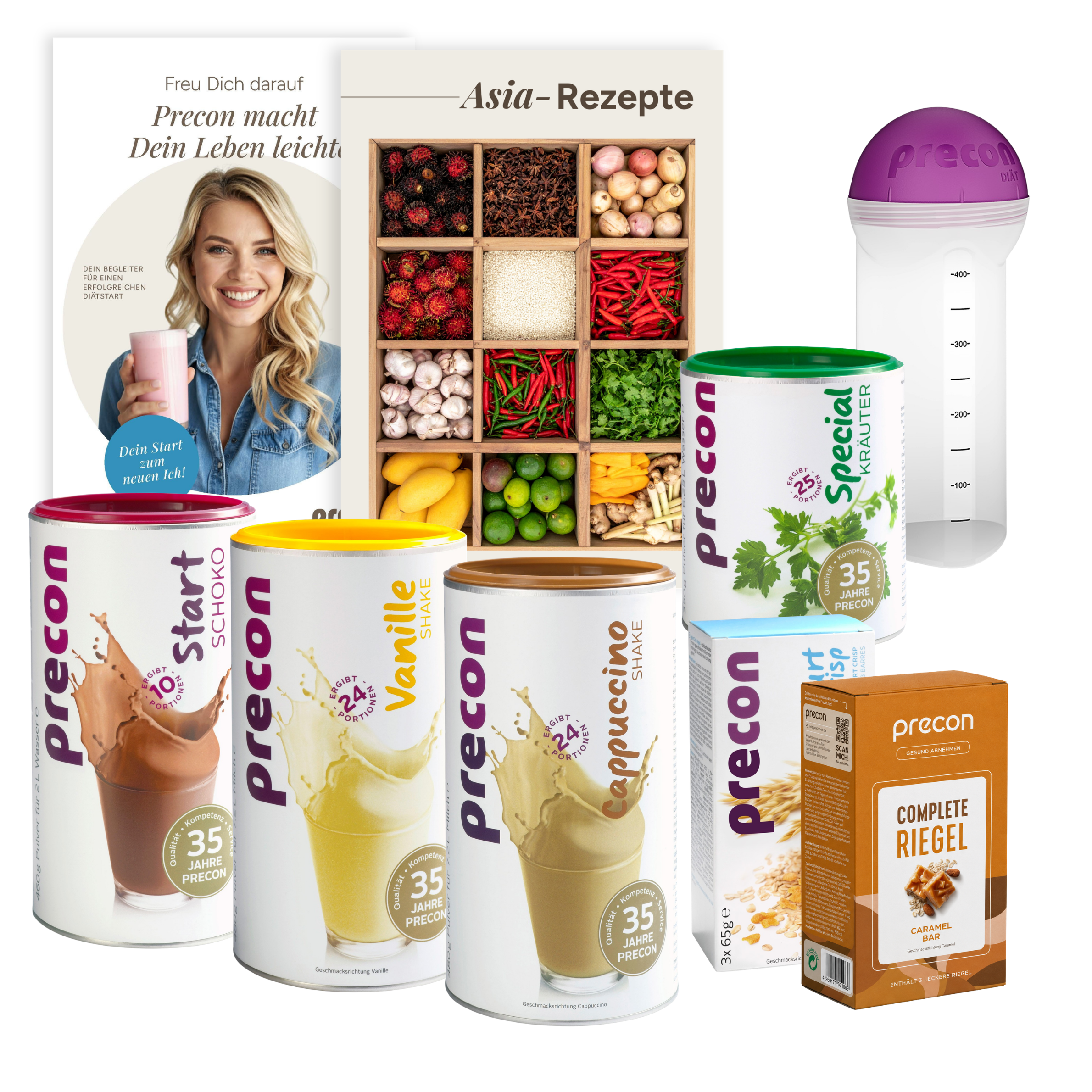 Das Precon 4-Wochen-Paket enthält Dosen mit Shakes in den Geschmacksrichtungen Schokolade, Vanille und Cappuccino, einen Proteinriegel, eine Shaker-Flasche, zwei Rezepthefte und eine Dose Gemüsesuppe – alles von der Marke Precon und übersichtlich zusammengestellt.