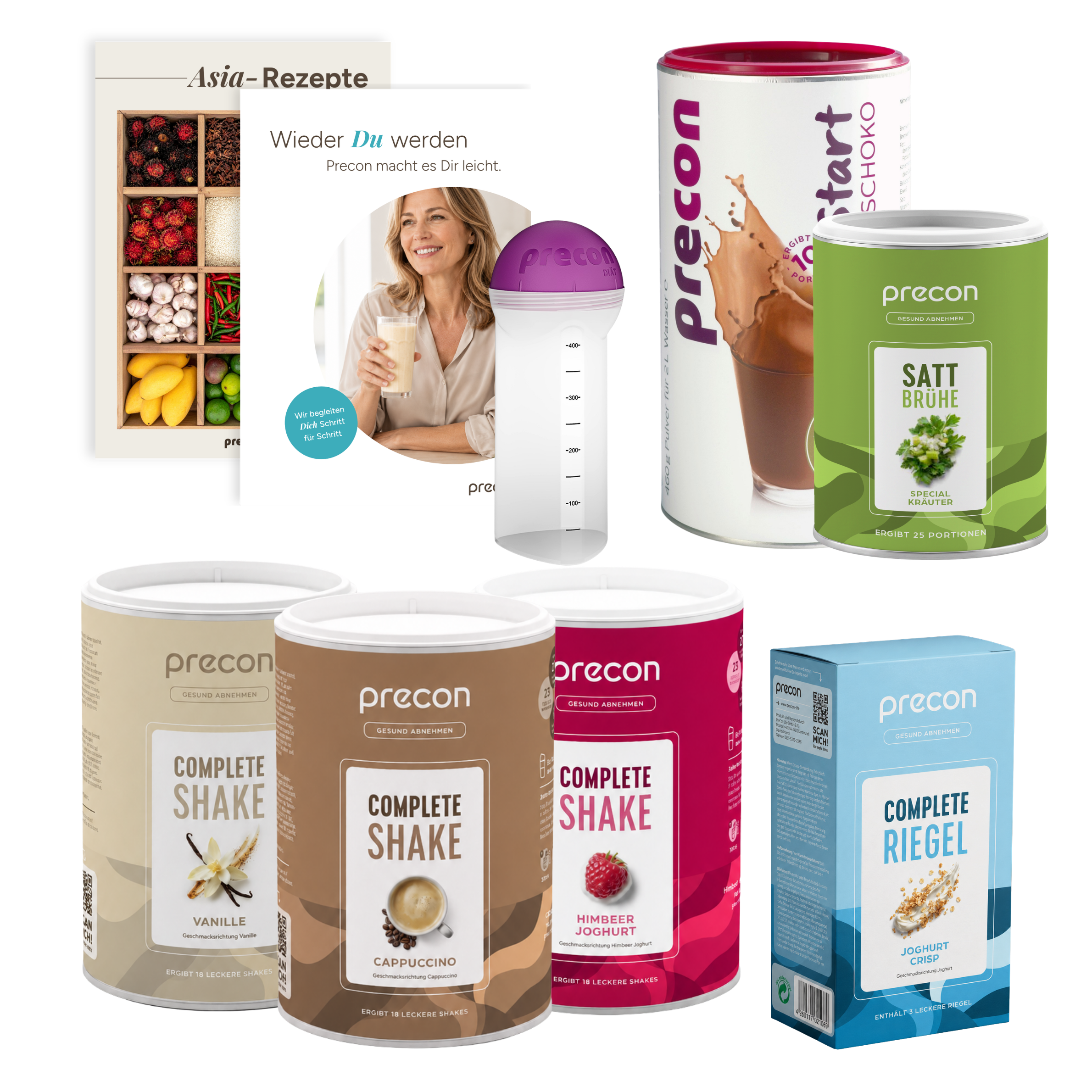 Ein „Precon“-4-Wochen-Paket mit Proteinshakes, Snackriegeln, Suppenmischung, einer Shaker-Flasche, einem Rezeptheft und einer Dose „Start Shake“, alles vor hellem Hintergrund abgebildet.