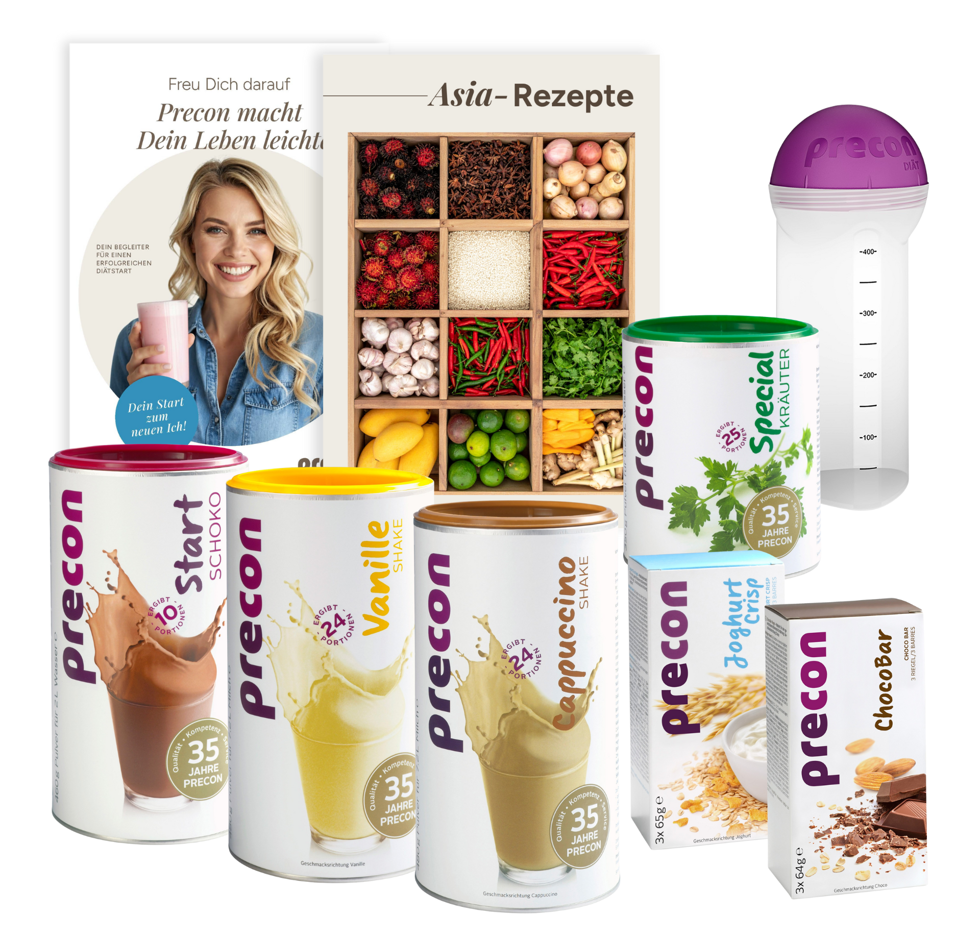 Das Precon Black Friday 4-Wochen-Paket enthält Mahlzeitenshakes in verschiedenen Geschmacksrichtungen, Rezeptbücher, eine Messflasche mit lilafarbenem Deckel und verpackte Snacks - alles attraktiv auf einem hellen Hintergrund angeordnet.