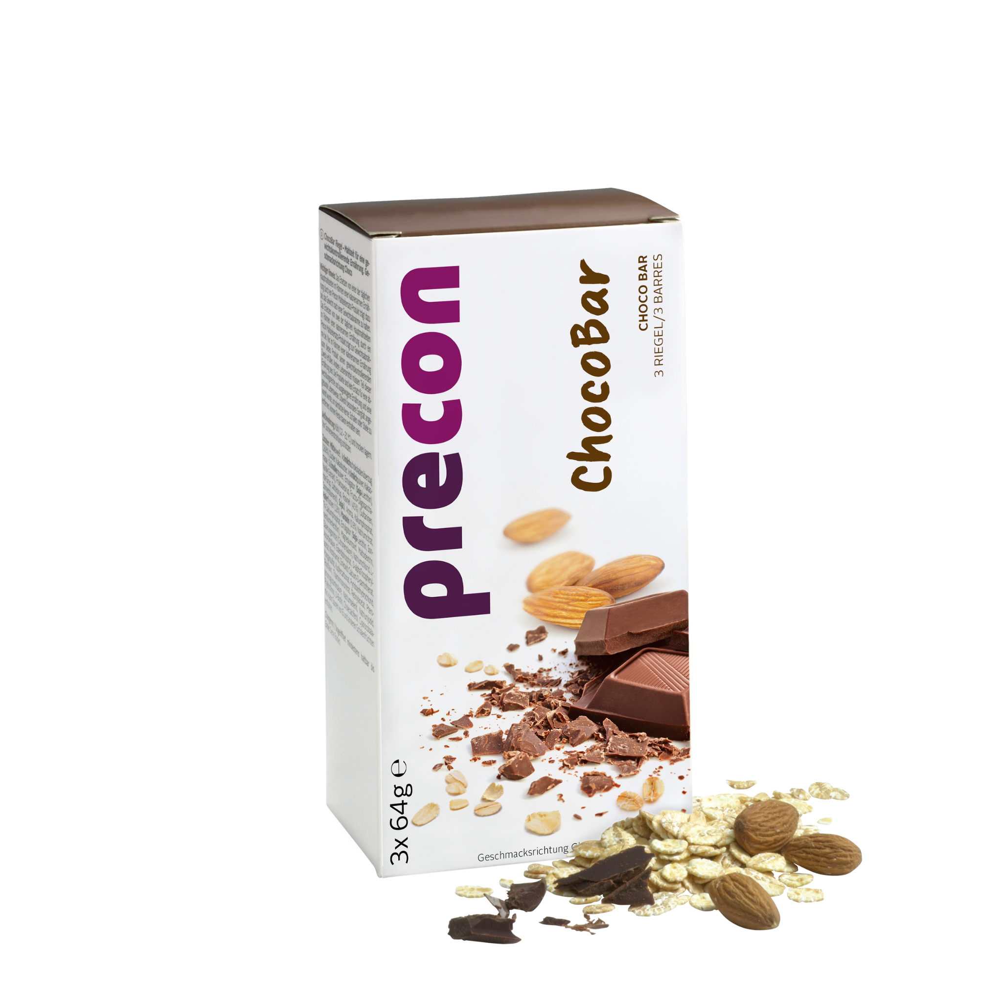Eine aufrechte Precon ChocoBar Riegel-Dose zeigt auf der Vorderseite Schokoladenstücke, Haferflocken und Mandeln - ideal für die Precon Diät oder als Mahlzeitenersatz. Lose Schokolade, Haferflocken und Mandeln sitzen vor der Dose.