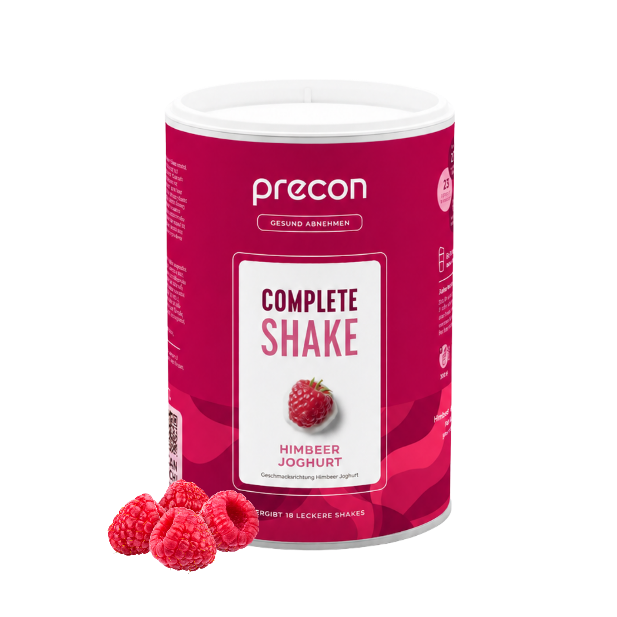 Anona GmbH Complete Shake Himbeer-Joghurt in einem rosa Behälter, mit einem Himbeermotiv auf dem Etikett und mehreren frischen Himbeeren daneben, vor weißem Hintergrund.