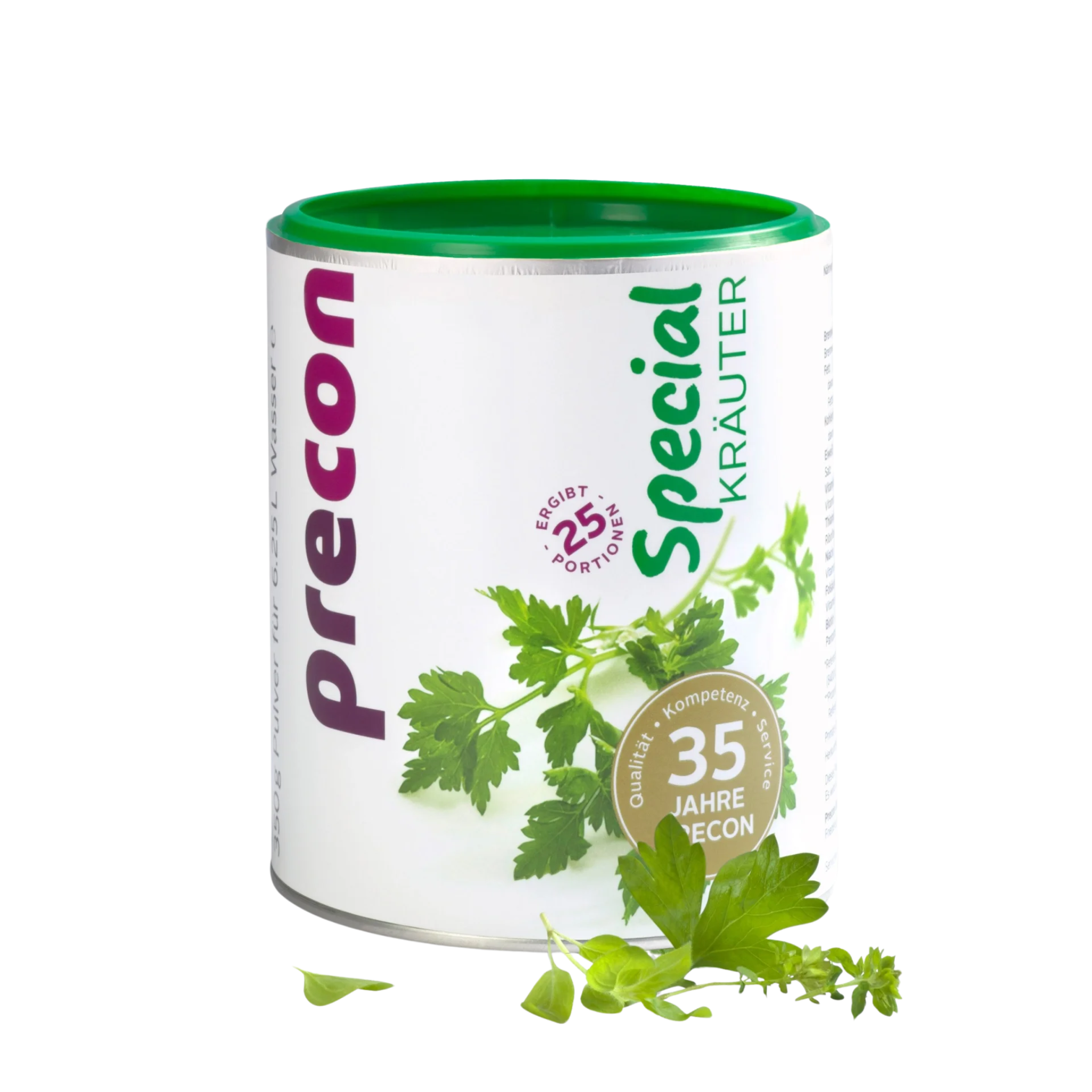 Ein weißer Kanister mit der Aufschrift Precon Special Kräuter ist mit grünen Kräutern und einem grünen Deckel versehen und trägt die braune Plakette "5 Jahre Precon". Die Kräuter auf der Vorderseite weisen auf dieses wirksame Kräuter-Heißgetränk hin.