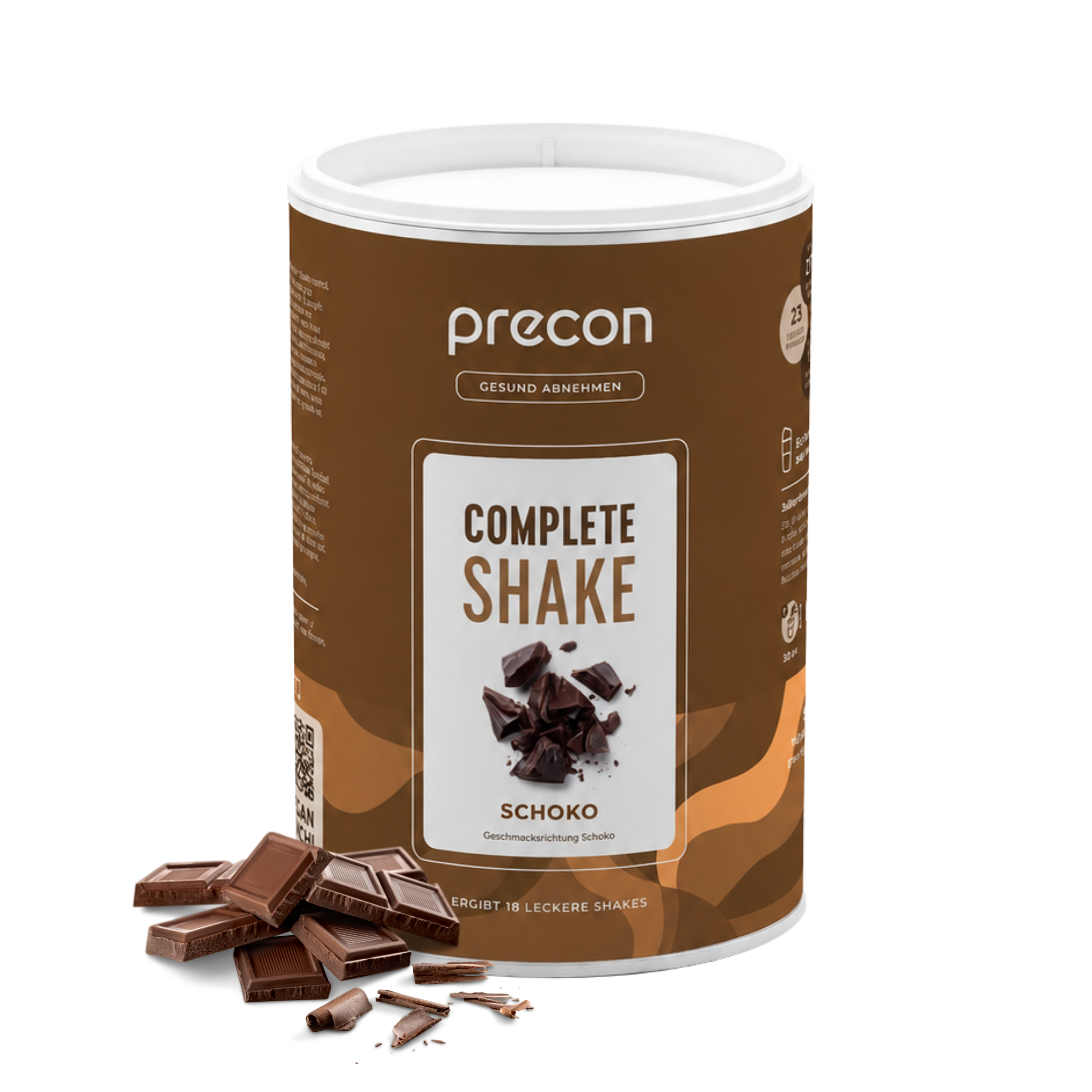 Zu sehen ist ein brauner Behälter aus der „Paket: Complete Shake Schoko“-Reihe von Precon, auf dessen Etikett Schokoladenstückchen abgebildet sind und vor dem mehrere Schokoladenstückchen angeordnet sind. Dieser leckere Schoko-Shake dient als praktischer Mahlzeitenersatz und eignet sich daher ideal für alle, die abnehmen möchten.