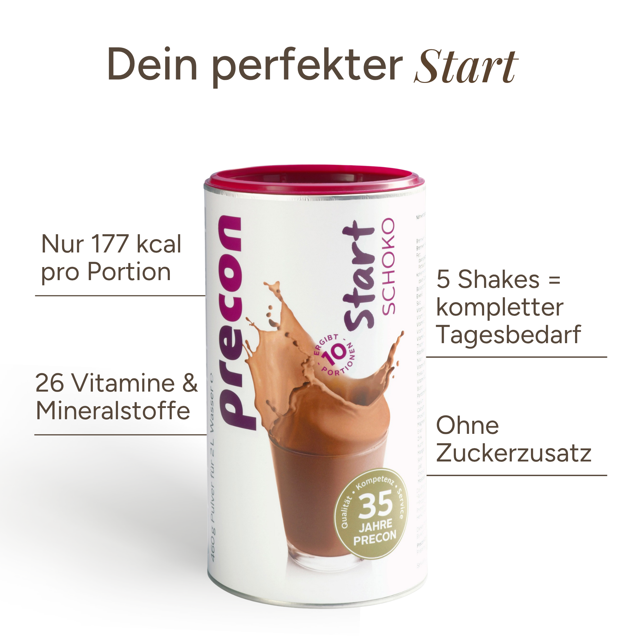 Klar! Hier ist der umformulierte Satz auf Deutsch unter Verwendung Ihrer Produktdaten: Eine Dose Start Shake Schoko von der Anona GmbH mit Schokoladengeschmack enthält 177 kcal pro Portion, 26 Vitamine und Mineralstoffe, ohne Zuckerzusatz – reicht für fünf Shakes zur täglichen Versorgung.