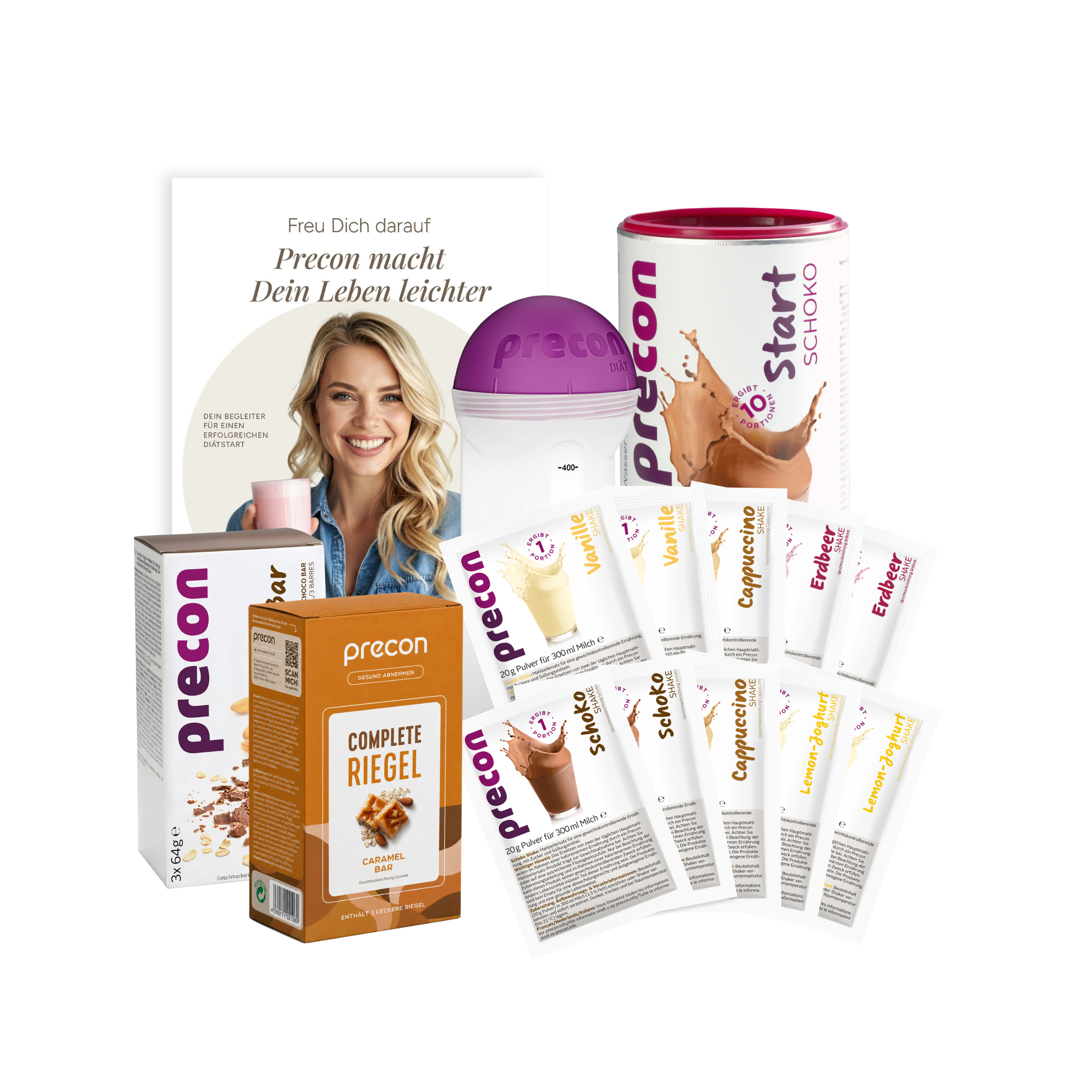 Das Precon-Einsteiger-Startpaket enthält Shake-Päckchen, eine Dose Schokoladen-Shake, „Complete Riegel“-Karamellriegel, eine lila Shaker-Flasche und eine Broschüre mit einer lächelnden Frau – alles, was Sie für einen idealen Start in die Gewichtsabnahme benötigen.