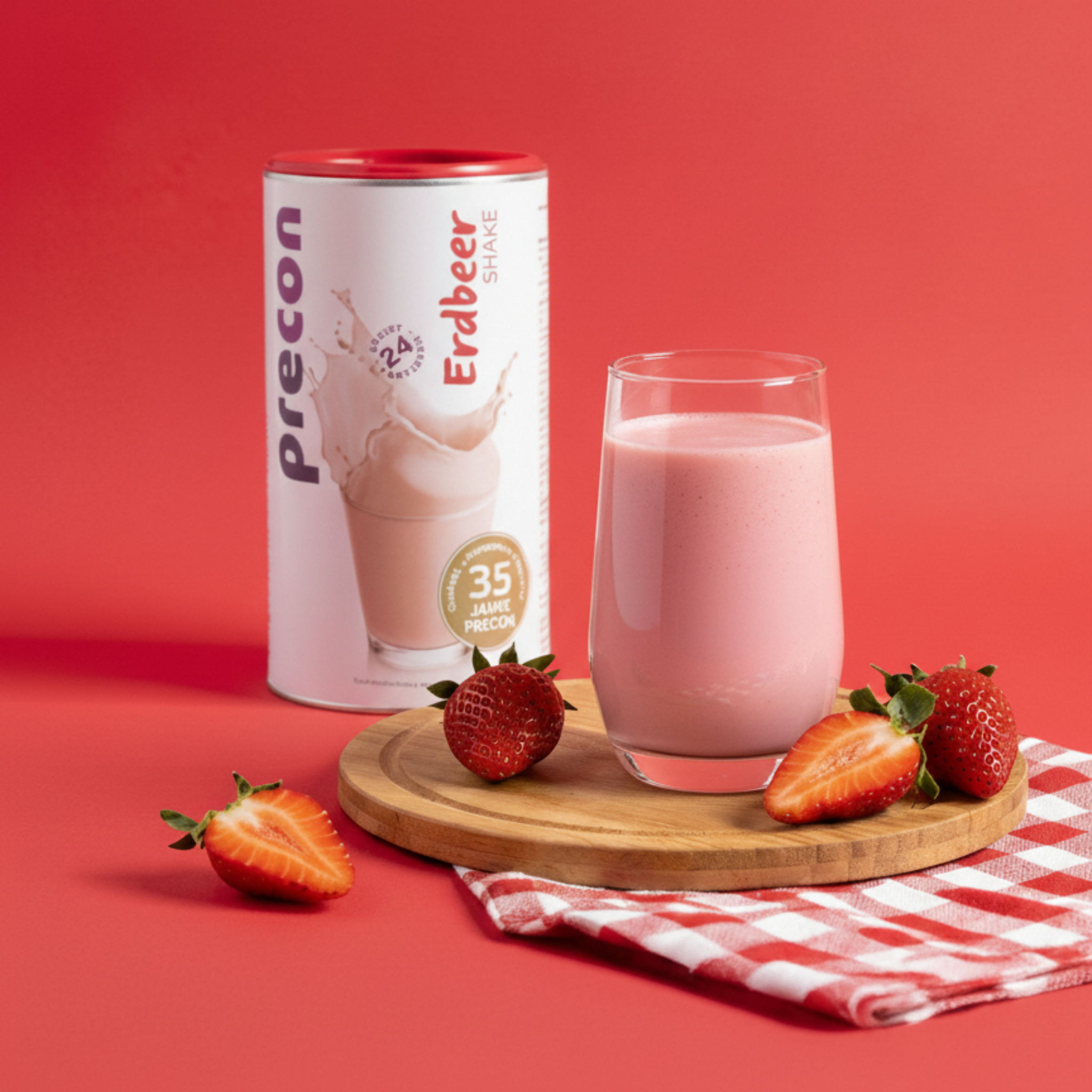 Ein Glas rosa Precon Erdbeer Shake, ideal als Mahlzeitenersatz, steht auf einem Holzbrett mit frischen Erdbeeren. Dahinter steht ein Kanister Erdbeer Shake von Precon vor einem roten Hintergrund mit einem karierten Tuch daneben.