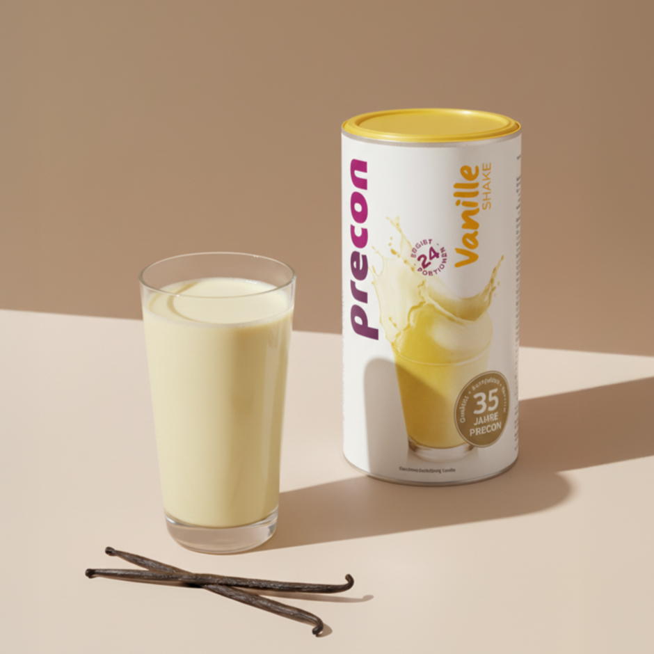Ein Glas Precon Vanille Shake steht neben einer Precon Vanille Shake-Dose, davor zwei Vanilleschoten, alles auf einer beigen Fläche bei gedämpftem Licht.
