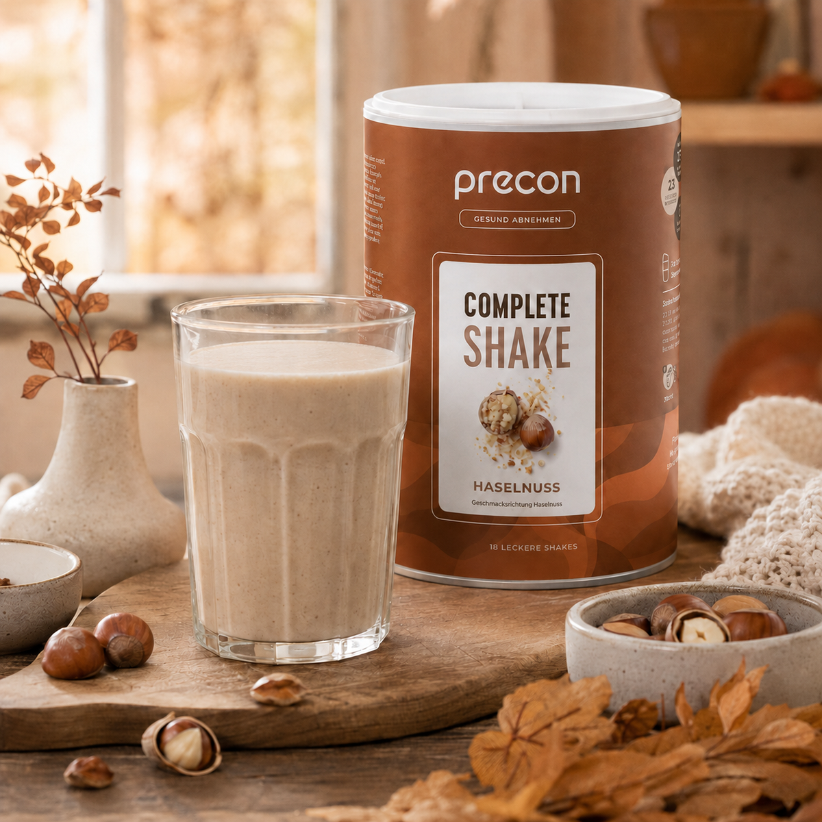 Ein Glas Complete Shake Haselnuss in Beige neben der Proteinpulver-Dose, umgeben von ganzen und halbierten Haselnüssen auf einem Holzbrett.