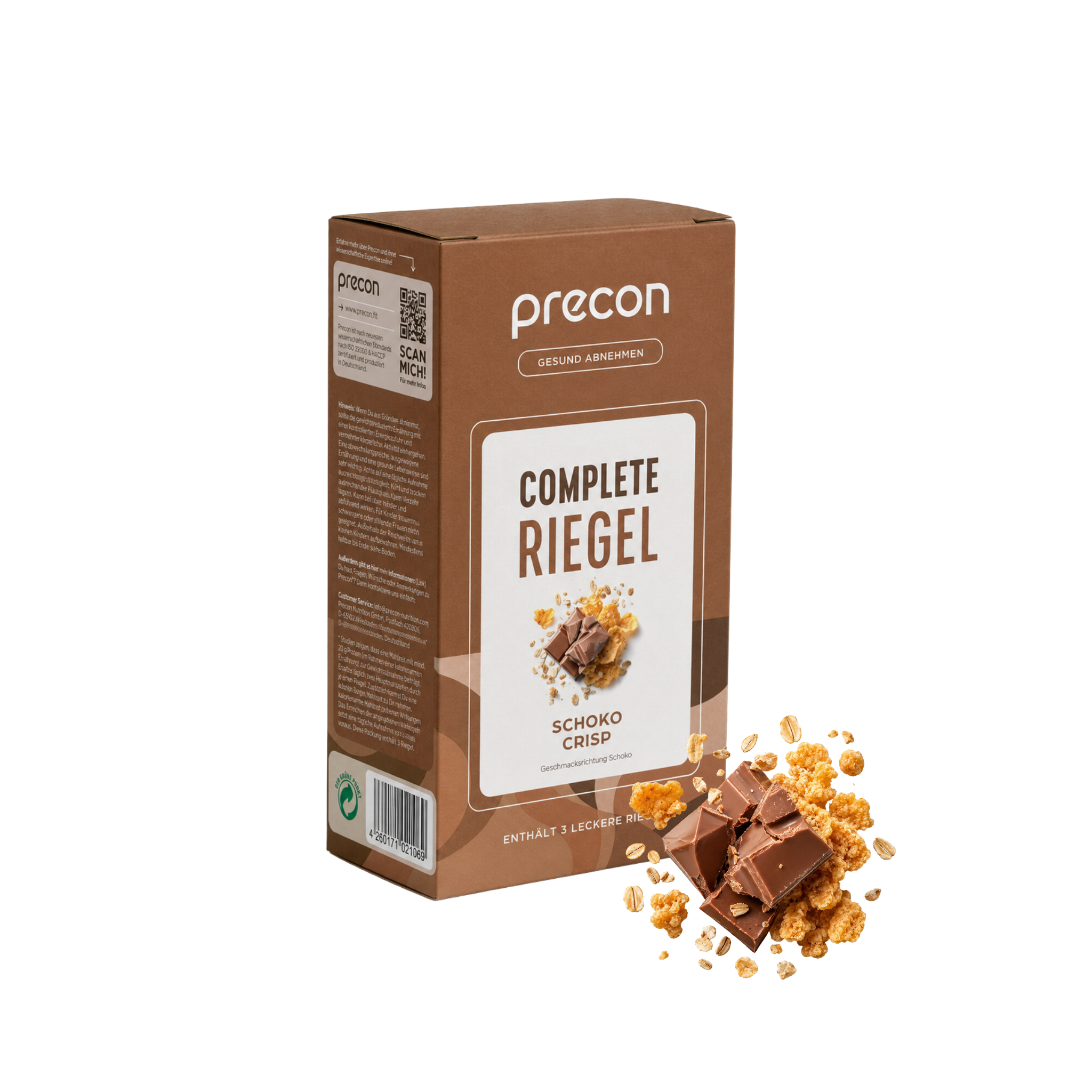 Auf der Vorderseite einer aufrecht stehenden braunen Verpackung der „Complete Riegel Schoko Crisp“-Riegel der Firma Anona GmbH ist ein Bild von Schokoladenstückchen und knusprigem Müsli zu sehen.