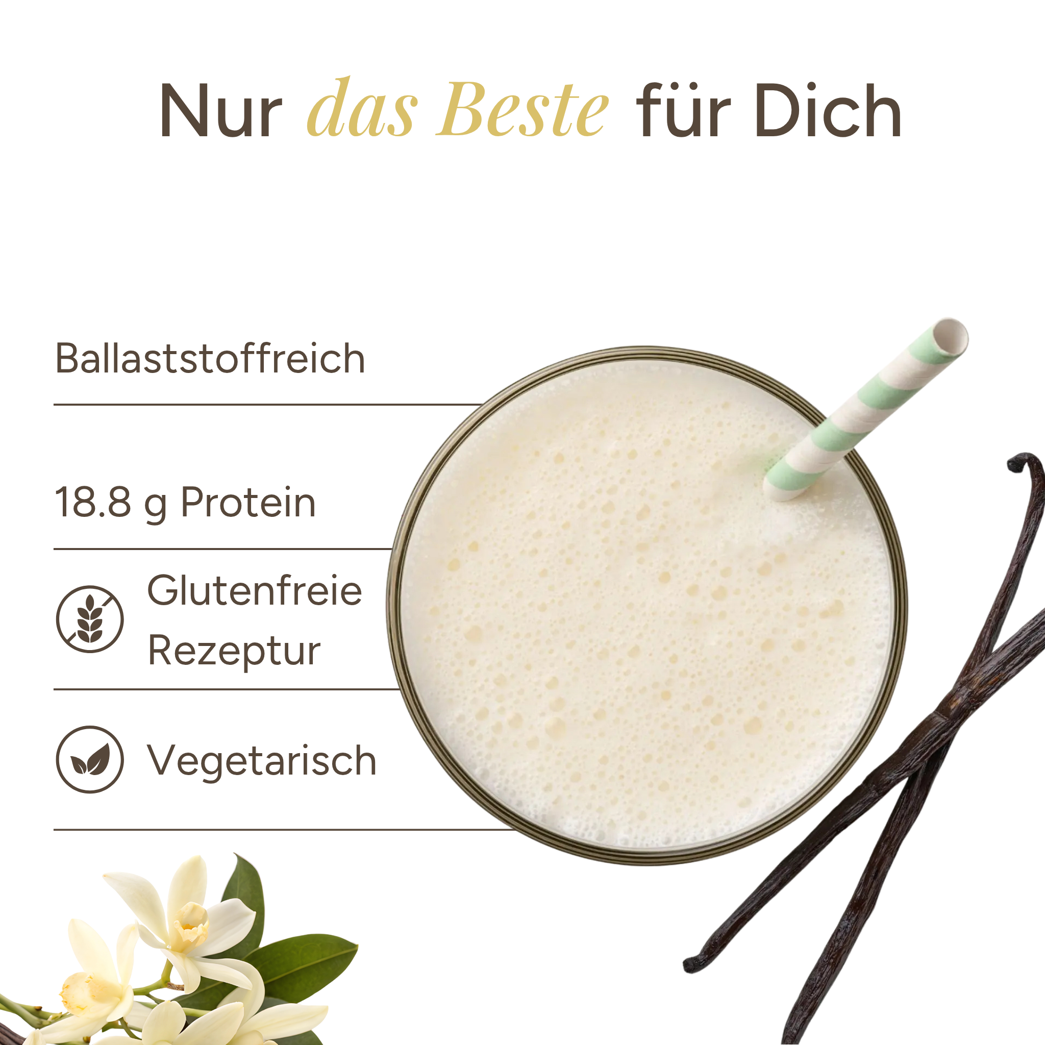 Überschrift: Nur das Beste für Dich (Only the best for you). Draufsicht auf einen cremigen „Start Shake Vanille“ von Anona GmbH, serviert mit zwei Papierstrohhalmen, umgeben von Vanilleschoten und einer Vanilleblüte. Hervorgehobene Textmerkmale: ballaststoffreich, 18,8 g Eiweiß, glutenfrei, vegetarisch.