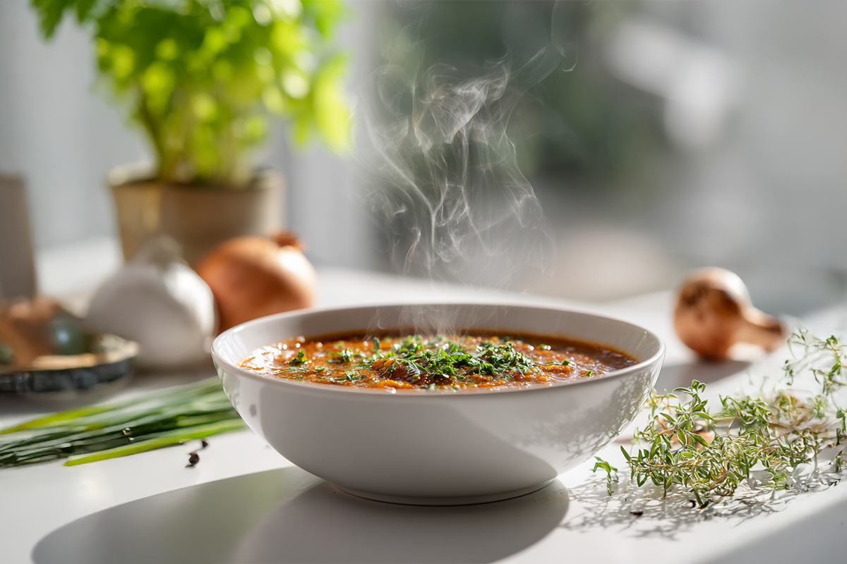 Dampfende Schüssel herzhafte Diät-Suppe mit frischen Kräutern, daneben Zwiebeln, Knoblauch und Thymian