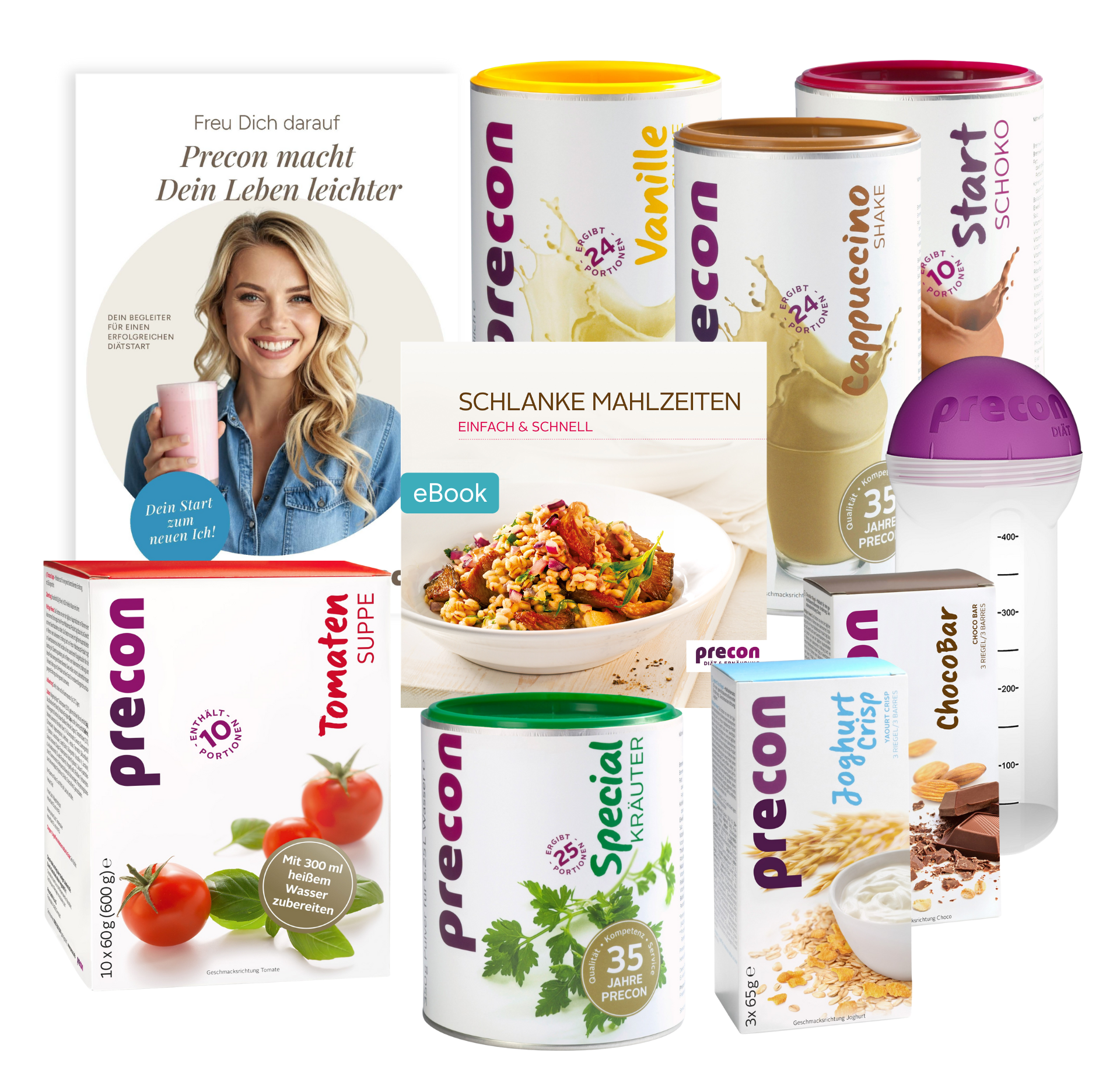 Das Precon 1-Monats-Startpaket CH zeigt auf weißem Hintergrund Shake- und Suppendosen, ein eBook mit Rezepten, eine Wasserflasche und eine Broschüre mit einer lächelnden Frau, die eine rosa Tasse hält.