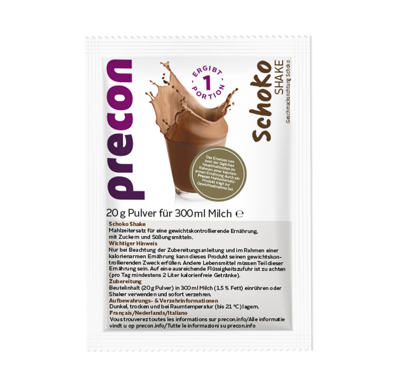 Eine Packung „Precon Paket: Schoko-Shake-Beutel“ mit deutscher Beschriftung zeigt auf der Verpackung einen Schoko-Shake in einem Glas und gibt an, dass sich mit 20 g Pulver und 300 ml Milch eine Portion Mahlzeitersatz zubereiten lässt. Der Text enthält Nährwertangaben und Zubereitungshinweise.