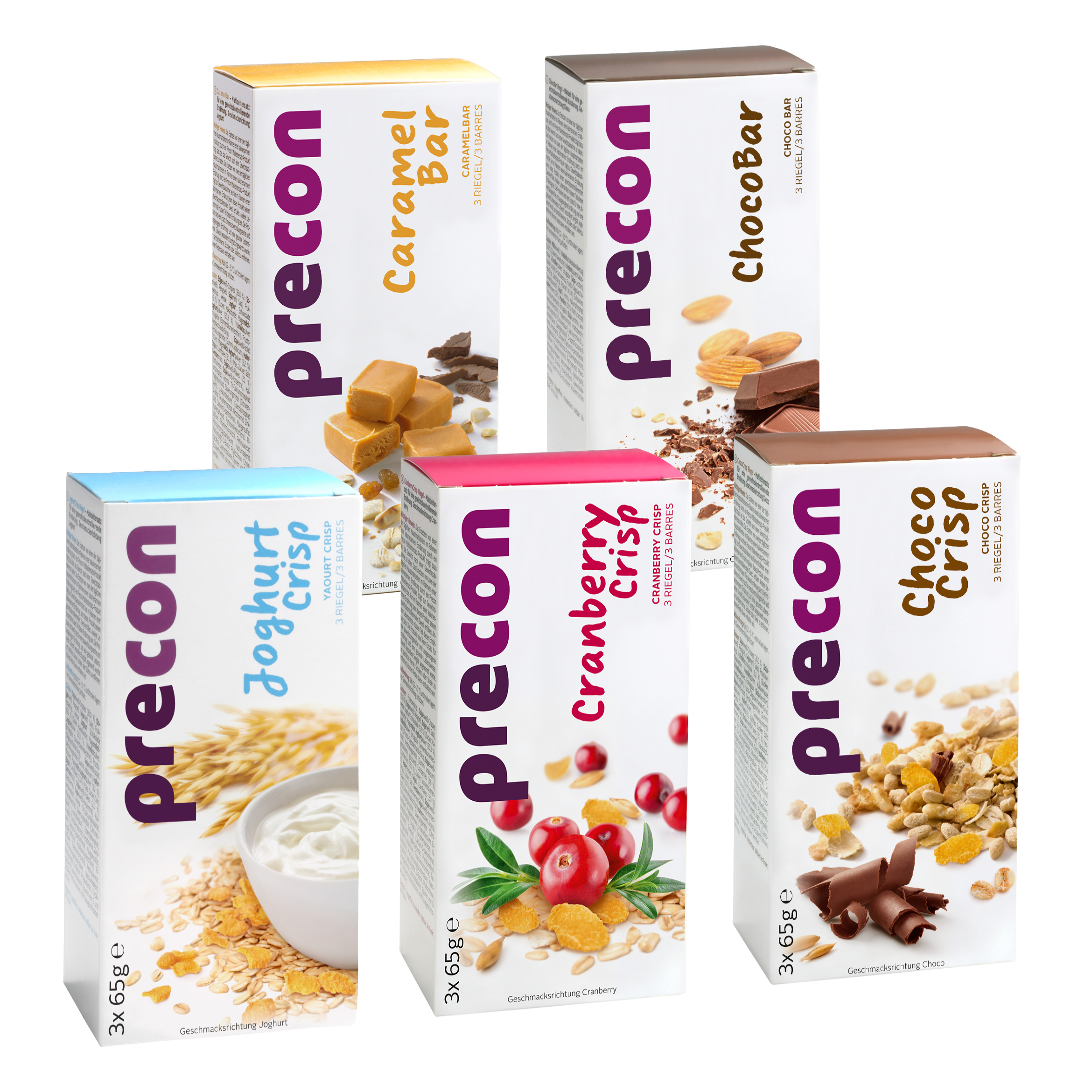 Das Precon Riegel-Probier-Paket zeigt fünf Snack-Riegel - Karamell-Riegel, Schoko-Riegel, Joghurt-Crisp, Cranberry-Crisp und Schoko-Crisp - mit Abbildungen der einzelnen Riegel und ihrer wichtigsten Zutaten, perfekt für eine Precon Diät.