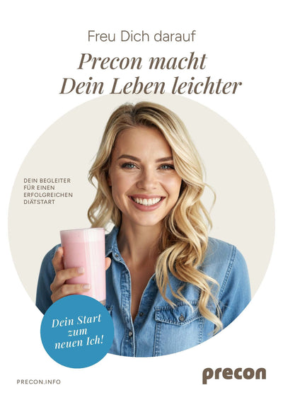 Eine lächelnde Frau mit langen blonden Haaren, in einem blauen Jeanshemd, hält einen rosa Smoothie. Der deutsche Text wirbt für das "Kostenloses Handbuch - Dein Begleiter zum Diätstart" von Precon, das dir hilft, gesund abzunehmen und dein persönliches Wohlfühlgewicht zu erreichen.