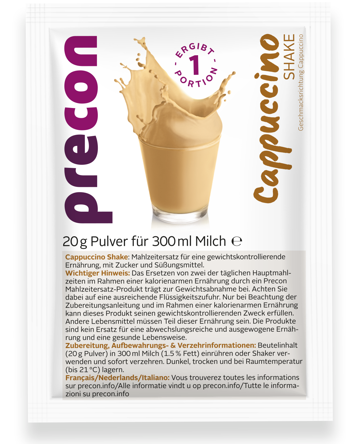 Ein Beutel „Precon Paket: Cappuccino-Shake-Pulver“ ist neben einem Glas mit einem Getränk mit Cappuccino-Geschmack abgebildet; auf der Verpackung sind in deutscher Sprache Nährwertangaben und Zutaten aufgeführt. Die Verpackung hebt die Funktion des Produkts als Mahlzeitenersatz zur Gewichtsreduktion hervor und enthält zudem Angaben zur Portionsgröße sowie Zubereitungshinweise für eine ausgewogene Mahlzeit.