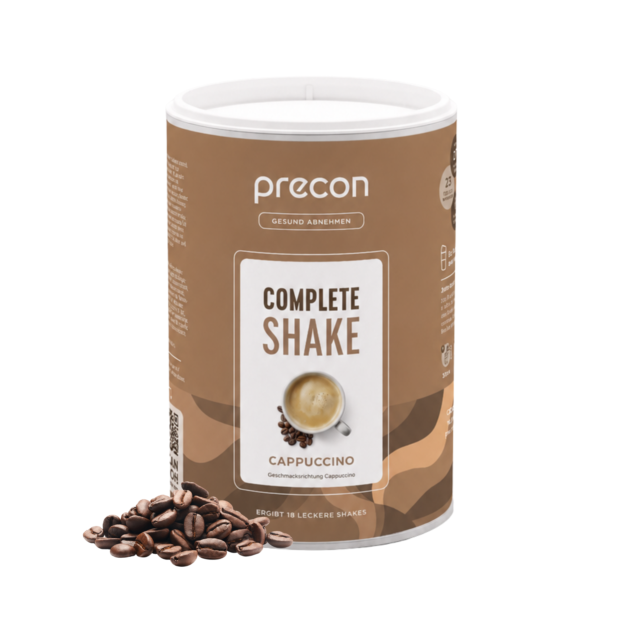 Eine Dose „Complete Shake Cappuccino“ der Anona GmbH ist abgebildet, an deren Boden Kaffeebohnen verstreut liegen. Das Etikett ist in Brauntönen gehalten und zeigt die Abbildung einer Cappuccino-Tasse.
