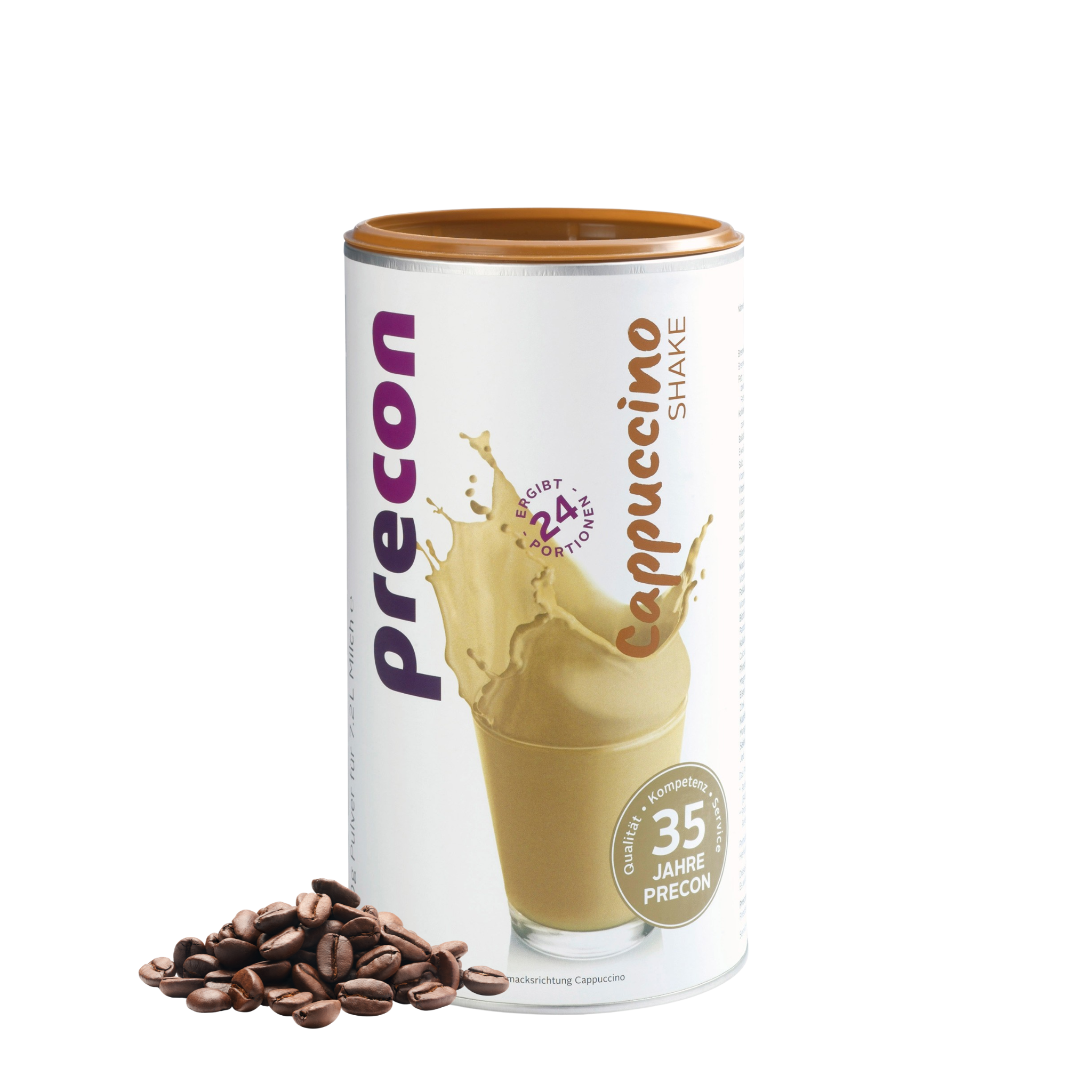 Ein Kanister Precon Cappuccino Shake wird mit einem vorbereiteten Glas und einer Spritzer-Grafik auf dem Etikett gezeigt. Vorne sind Kaffeebohnen zu sehen, die diese schmackhafte Option zur Gewichtsabnahme hervorheben. Der Hintergrund ist weiß.