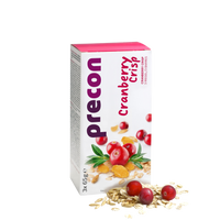 Auf der Vorderseite ist eine Schachtel Precon CranberryCrisp Riegel mit Cranberries, Hafer und Getreideflocken abgebildet. Die Verpackung ist weiß mit rosafarbener und roter Schrift und Abbildungen von Cranberries, die die Precon Diät für Gewichtsabnahme hervorheben.
