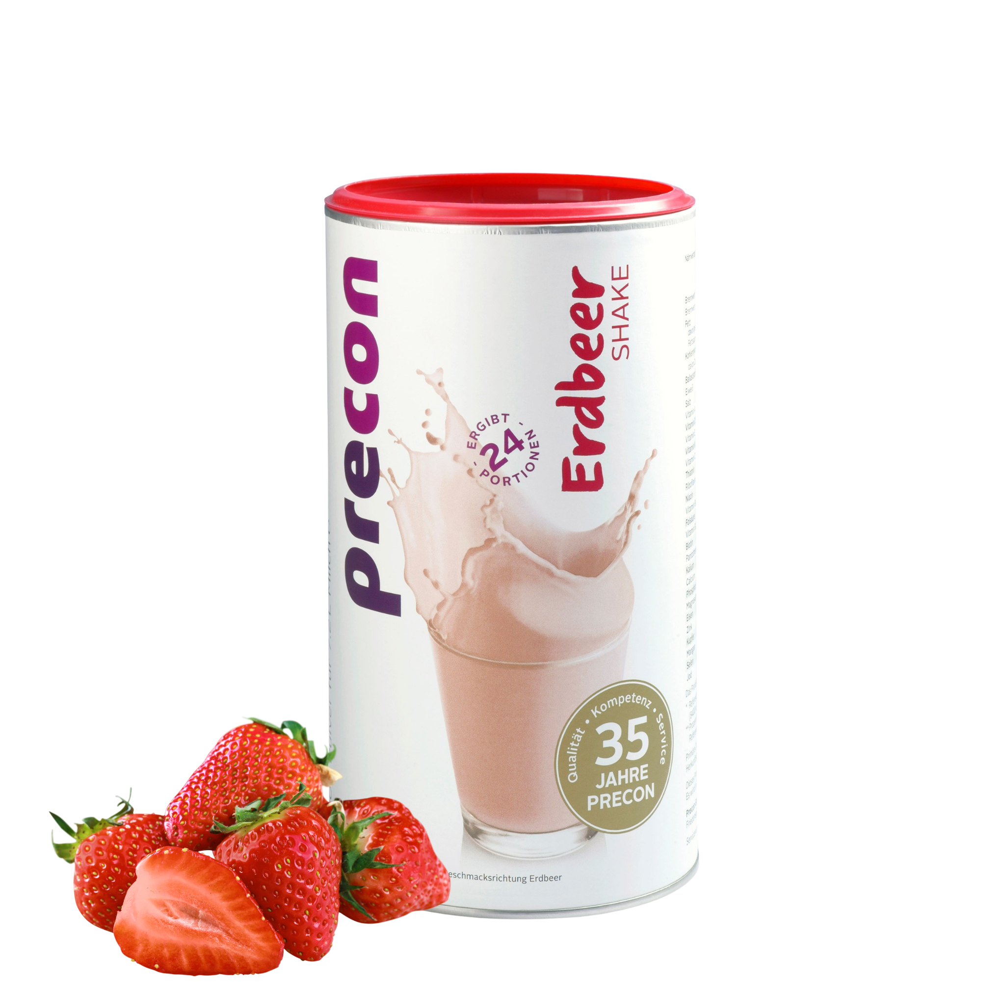 Ein Kanister Precon Erdbeer Shake mit dem Bild eines rosafarbenen Erdbeershakes auf dem Etikett steht neben frischen Erdbeeren - perfekt zum Abnehmen - vor einem schlichten weißen Hintergrund.