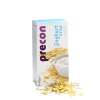 Eine Schachtel Precon JoghurtCrisp Riegel zeigt eine Joghurtschale mit knusprigen Cerealien und Haferflocken, die diesen leckeren Mahlzeitersatz ideal für Ihre Precon Diät hervorheben. Einige Müsli-Stücke sind auf einem weißen Hintergrund verstreut.