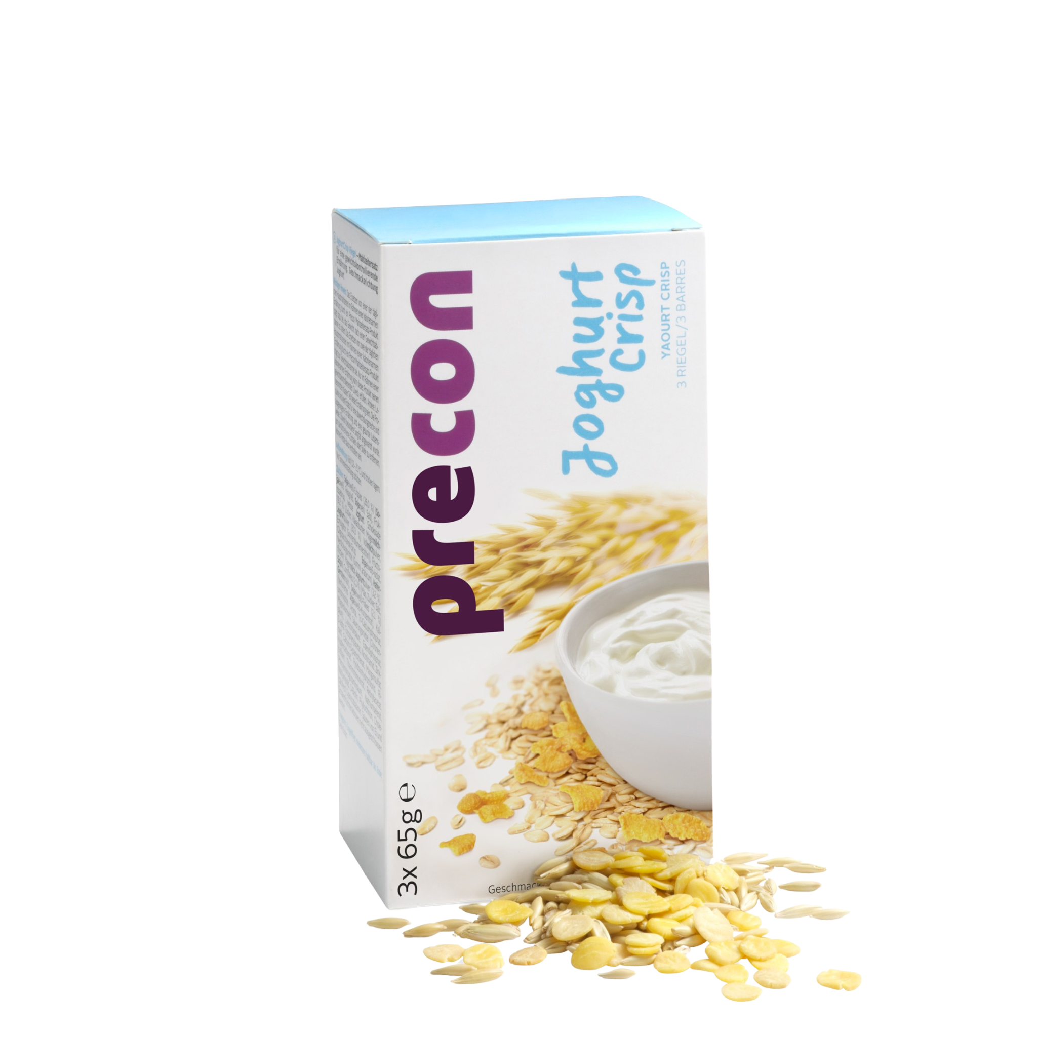 Eine Schachtel Precon JoghurtCrisp Riegel zeigt eine Joghurtschale mit knusprigen Cerealien und Haferflocken, die diesen leckeren Mahlzeitersatz ideal für Ihre Precon Diät hervorheben. Einige Müsli-Stücke sind auf einem weißen Hintergrund verstreut.