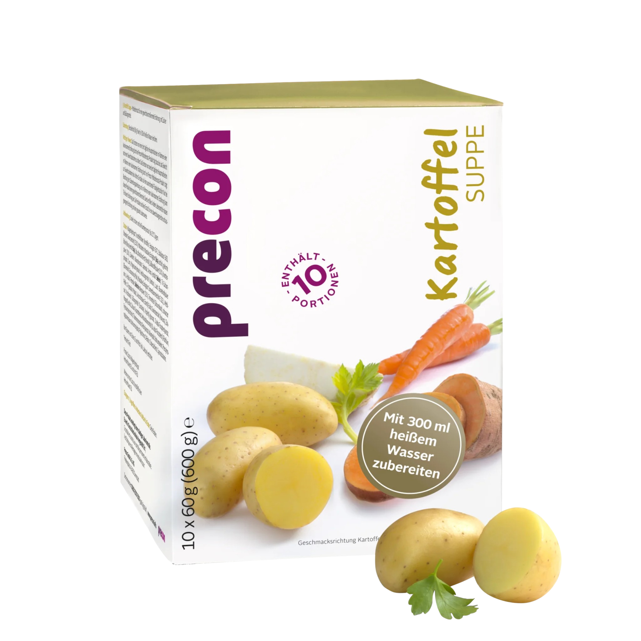 Precon Kartoffelsuppe ist eine Abnehm-Suppe aus dem Precon-Sortiment. Die überwiegend weiße Packung mit lila und gelben Akzenten zeigt Kartoffeln, Karotten, Petersilie und Zubereitungshinweise: mit 300 ml heißem Wasser vermischen.