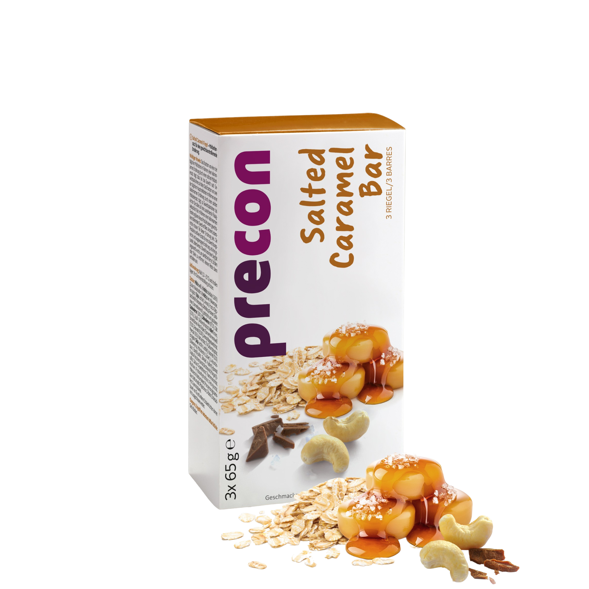Eine Schachtel Precon Salted CaramelBar Riegel ist ausgestellt, mit Riegeln, die mit Karamell, Haferflocken und Cashewnüssen überzogen sind, wobei einige Zutaten als optisches Highlight vorangestreut sind.