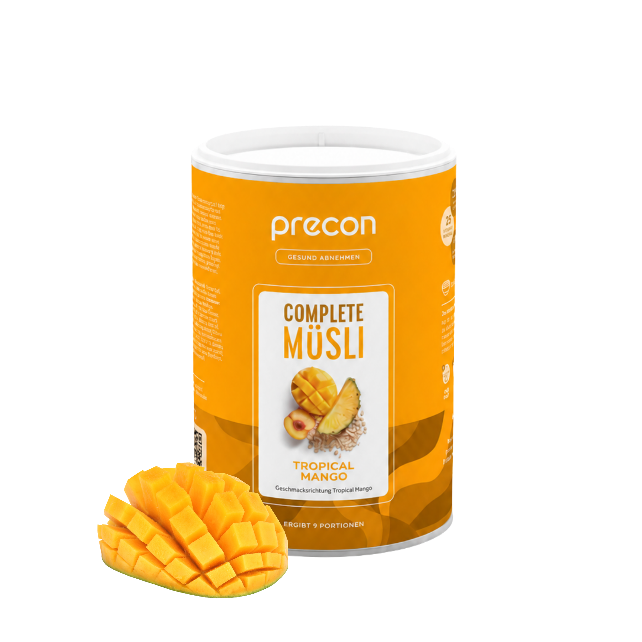 Auf der Verpackung von „Anona GmbH Complete Müsli Tropical Mango“ ist im Vordergrund ein Mangowürfel abgebildet. Die orangefarbene Verpackung ist mit Abbildungen von Mangos, Ananas und Blättern verziert.