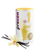 Ein Precon Vanille Shake Kanister beschriftet für 24 Portionen und 35 Jahre Precon, abgebildet mit einer Spritzgrafik. Ideal als Mahlzeitersatz zur Gewichtsabnahme. Eine Vanilleblüte und zwei Schoten stehen daneben auf weißem Hintergrund.