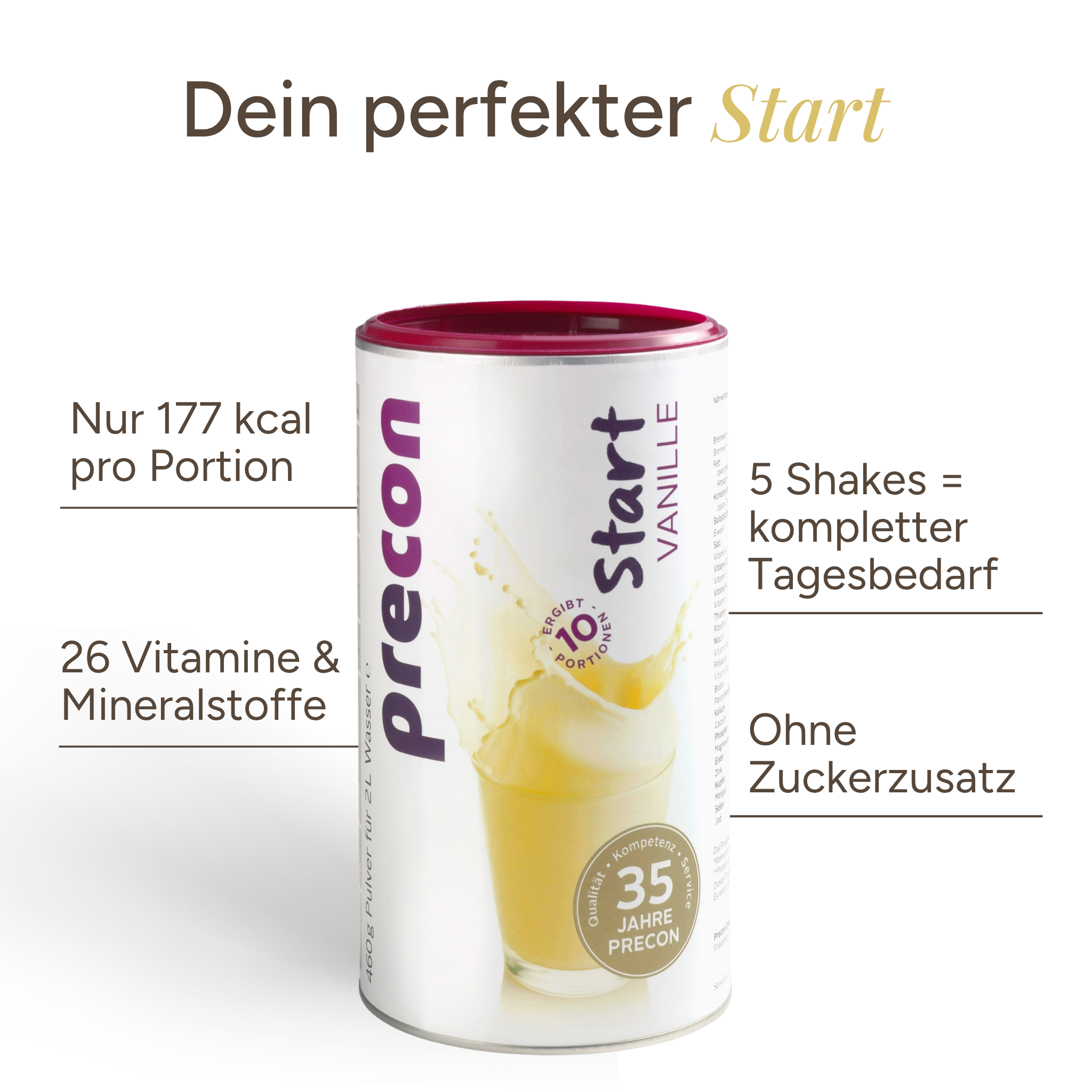 Auf der Dose des „Start Shake Vanille“ der Anona GmbH sind die Nährwertangaben in deutscher Sprache hervorgehoben: 177 kcal pro Portion, 26 Vitamine und Mineralstoffe, deckt den Tagesbedarf mit 5 Shakes ab und enthält keinen zugesetzten Zucker.