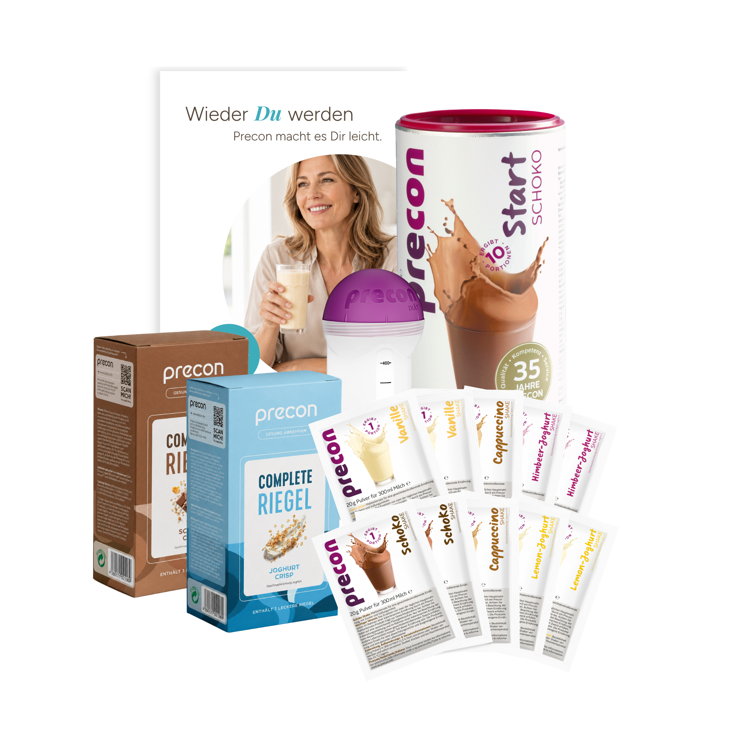 Das „Precon Einsteiger-Startpaket“ wird präsentiert und umfasst eine Auswahl an Shakes, Riegeln und Pulver sowie Portionsbeutel und einen Flyer, auf dem eine lächelnde Frau mit einem Shake zu sehen ist. Diese Produkte eignen sich ideal für den Start in Ihre Gewichtsabnahme und das Erreichen Ihres Wunschgewichts. Sie sind ansprechend vor einem weißen Hintergrund angeordnet, um Sie auf Ihrem Weg zur Gewichtsabnahme zu unterstützen.