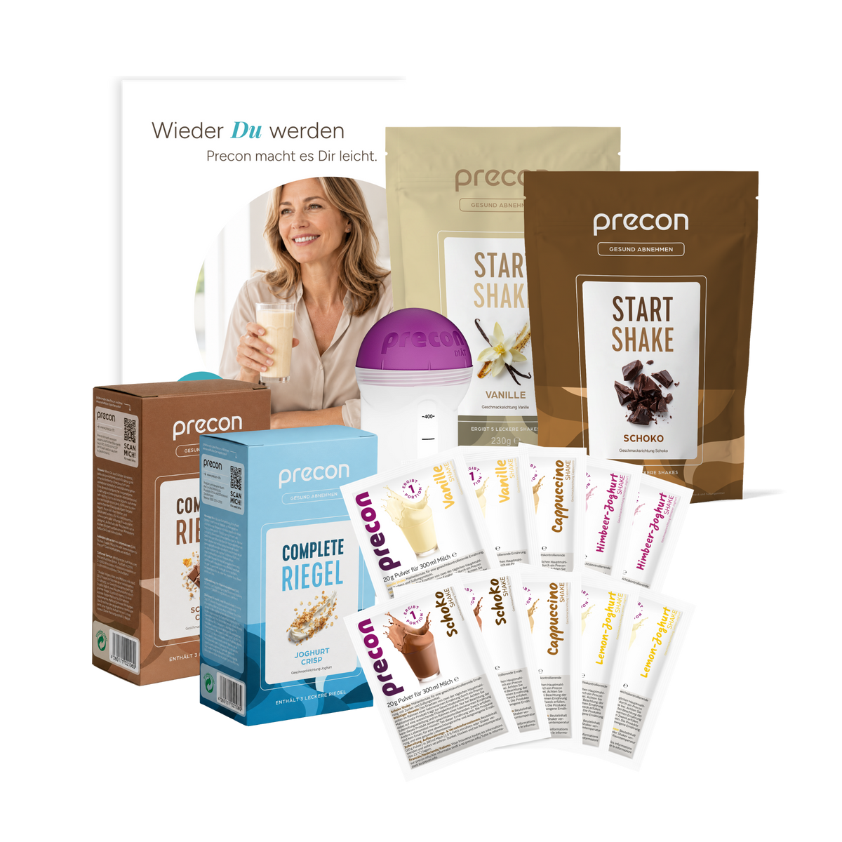 Ein Precon-Einsteiger-Startpaket mit Beuteln für Diätshakes, Portionsbeuteln und Proteinriegeln, dargestellt durch eine violette Shaker-Flasche vor einer Frau, die ein Glas ihres Abnehm-Shakes in der Hand hält.
