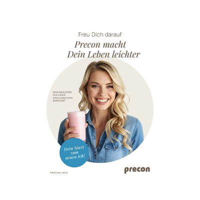 Eine lächelnde Frau mit langen blonden Haaren, die ein blaues Shirt trägt, hält einen rosa Milchshake in der Hand. Der deutsche Text wirbt für das Handbuch der Kuthal Print & Binding GmbH und hebt dabei das „gesunde Abnehmen“ sowie das Erreichen des „Wohlfühlgewichts“ mit einfachen Schritten für einen Neuanfang hervor.