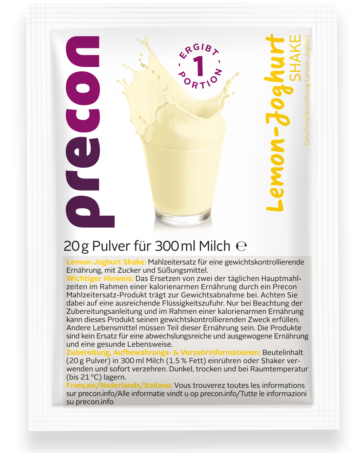 Eine Packung „Precon Paket: Zitronen-Joghurt-Shake“ (Kopie) mit einem Glas gelbem Shake in der Mitte. Der deutsche Text enthält Angaben zu den Zutaten, Zubereitungshinweise und Nährwertangaben für diesen Mahlzeitenersatz, der im Rahmen einer ausgewogenen Ernährung die Gewichtsabnahme unterstützt.