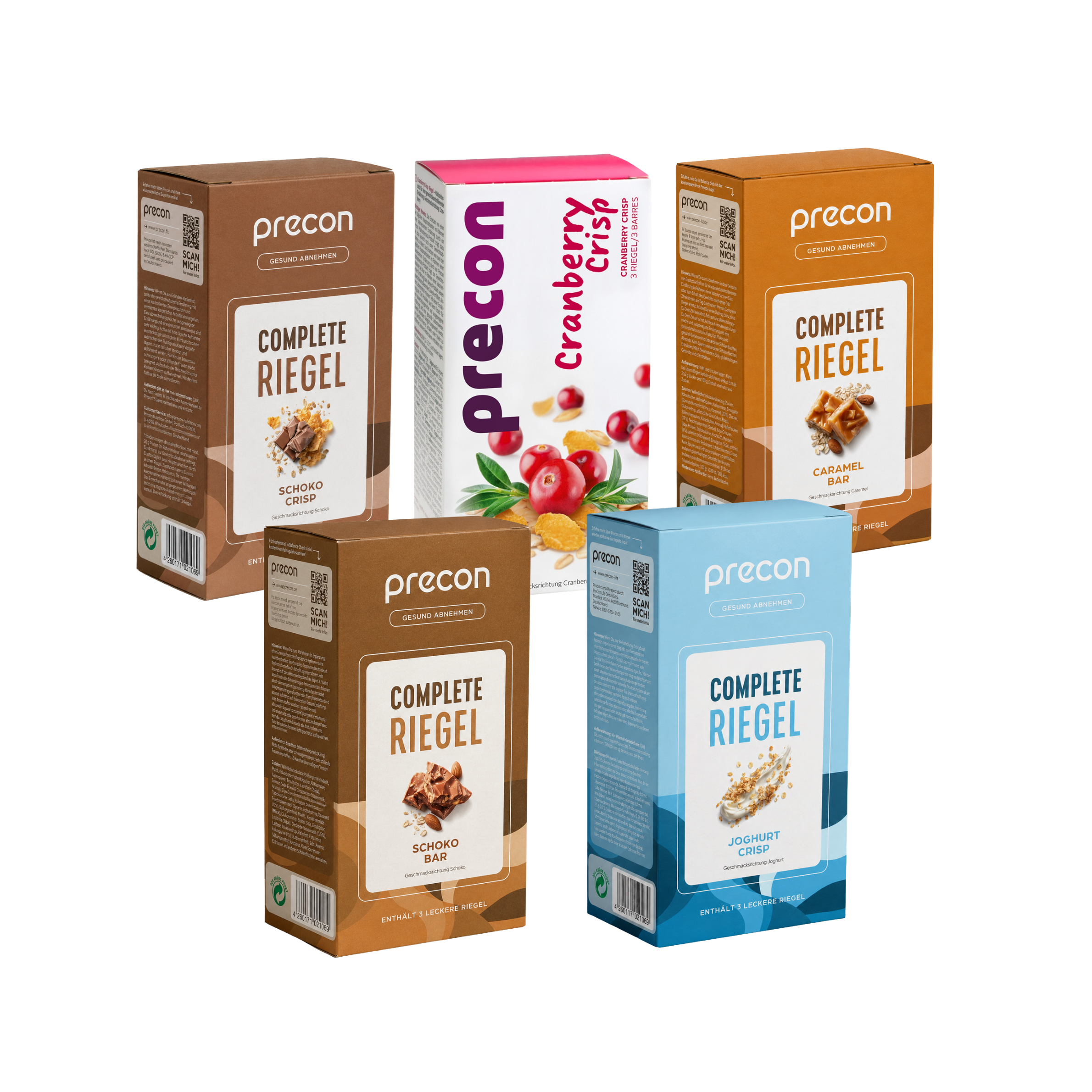 Fünf Schachteln aus dem „Precon Riegel-Probier-Paket“ mit den Geschmacksrichtungen Schokolade, Karamell und Joghurt-Crisp sind um eine Schachtel „Precon Cranberry Flakes“-Müsli in der Mitte angeordnet; alle sind vor einem weißen Hintergrund abgebildet.