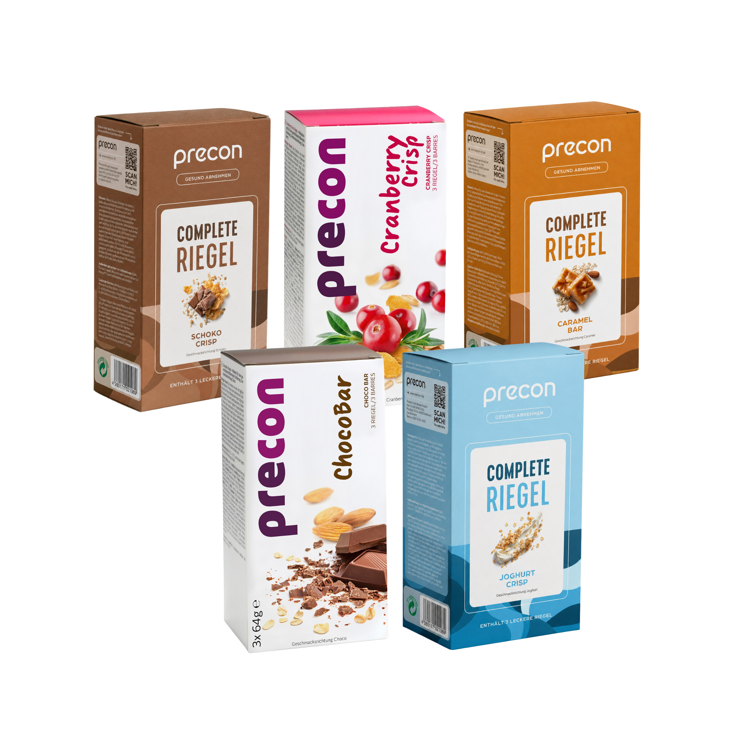 Das Precon-Riegel-Probierpaket mit fünf verschiedenen Geschmacksrichtungen – Schoko-Riegel, Cranberry Crispy, Karamell-Riegel, ChocoBar und Joghurt Crisp – ist vor einem weißen Hintergrund angeordnet.