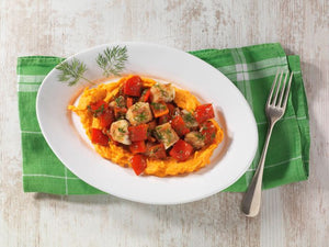 Seelachs-Paprika-Pfanne auf Süßkartoffelpüree