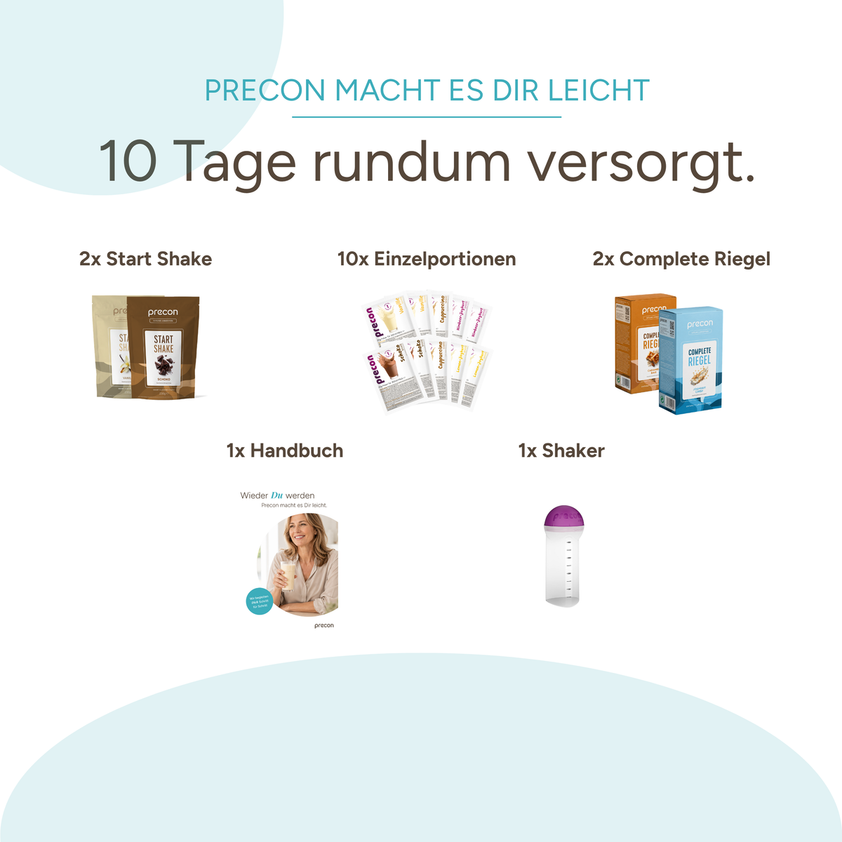 Precon Einsteiger-Startpaket mit zwei Shake-Beuteln, zehn Getränkepäckchen, zwei Packungen Energieriegeln, einem Ratgeber und einer Shaker-Flasche zur Gewichtsreduktion.