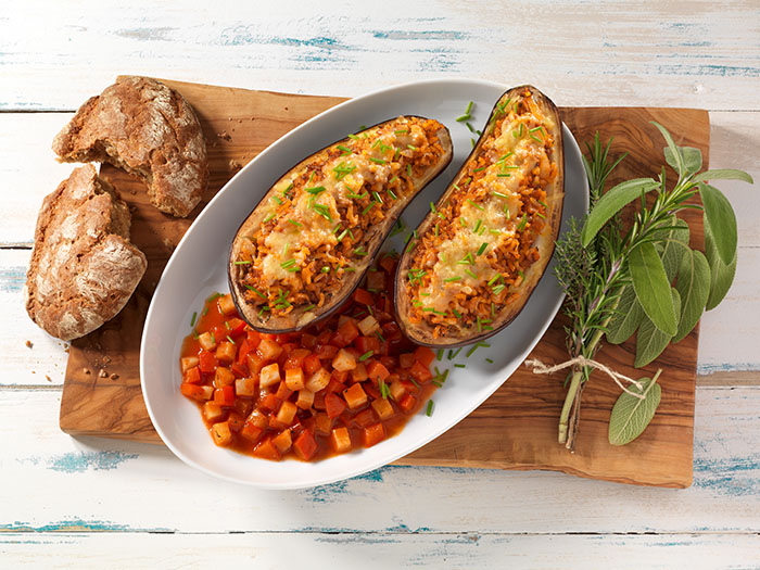 Gefüllte Auberginen-Schiffchen – Precon Rezepte