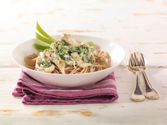 Spaghetti mit Mangold-Hähnchen-Sauce